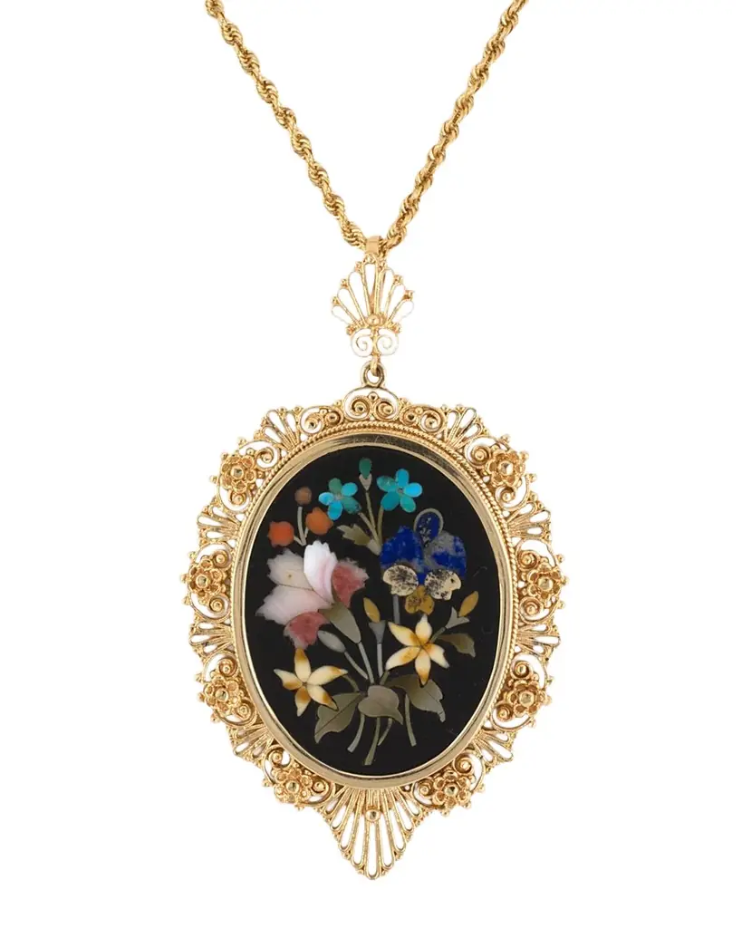 NM Estate Estate 14K Yellow Gold Floral Mosaic Pin Pendant Necklace