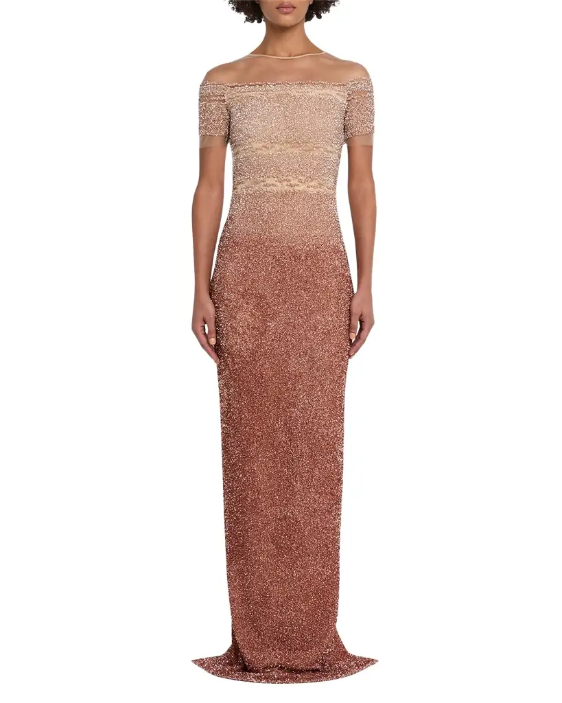 Pamella Roland Degrade Sequin Illusion Column Gown