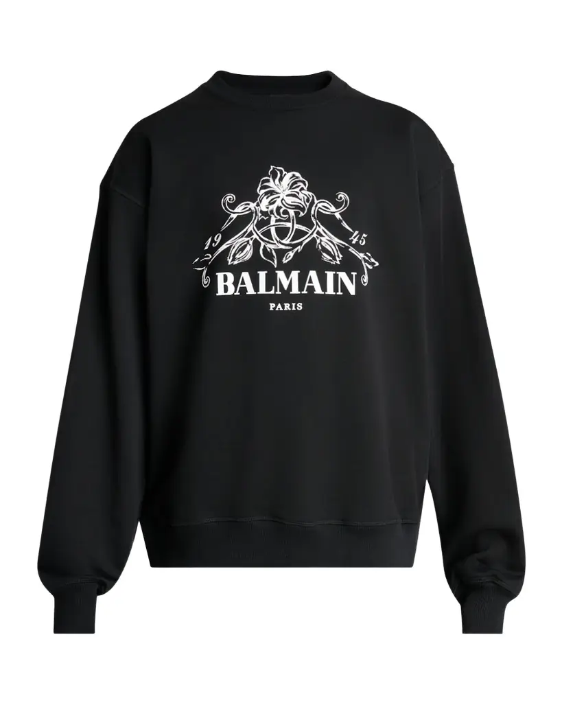 Balmain Men 's Floral Logo Crest Crewneck Sweatshirt
