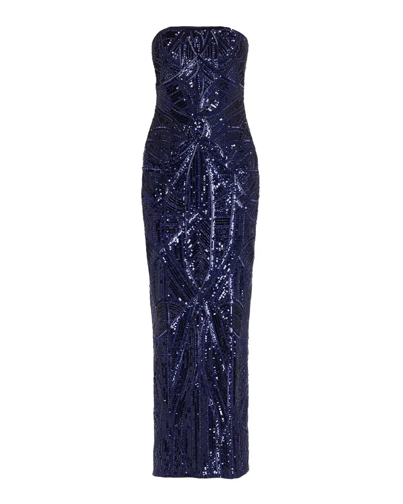 Pamella Roland Strapless Beaded Tulle Column Gown