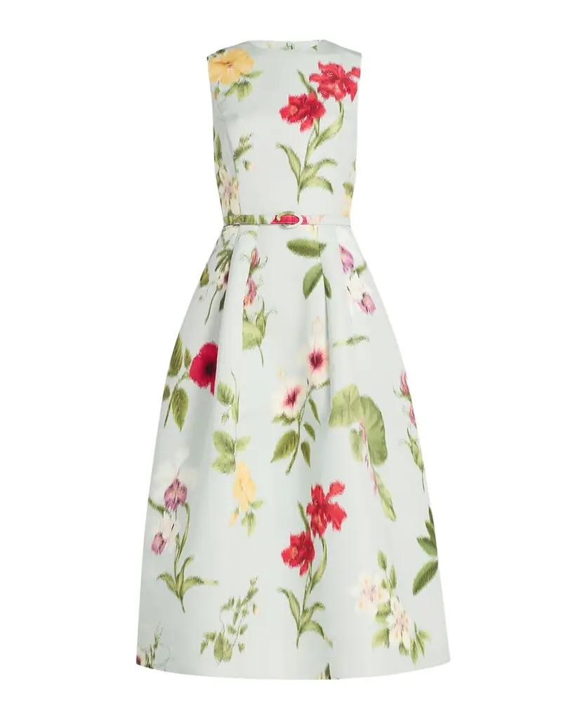 Oscar de la Renta Chine Multi Floral-Print Belted Midi Dress