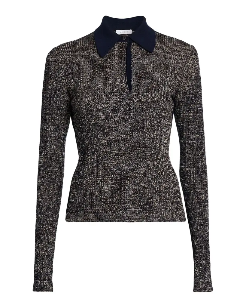 Ferragamo Linen Rib Long-Sleeve Polo Sweater