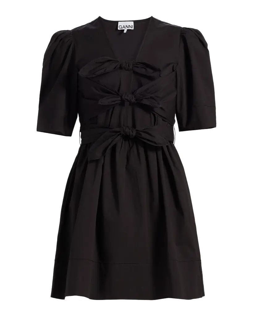 Ganni Tie-Waist Stretch-Cotton A-Line Minidress