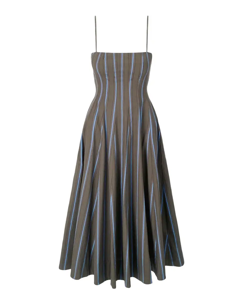 STAUD Wylie Striped Stretch-Cotton A-Line Midi-Dress