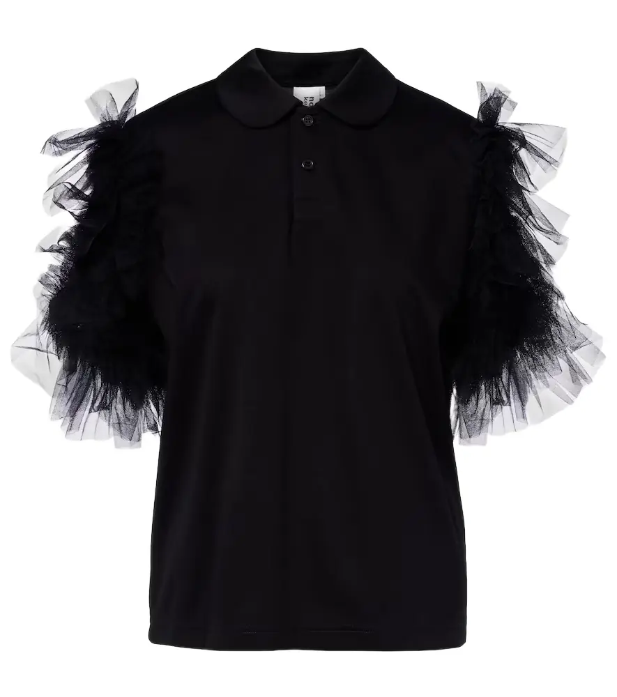 Noir Kei Ninomiya Tulle-trimmed cotton polo shirt