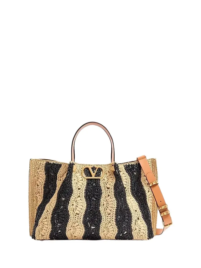 Valentino Garavani Women's  Raffia Shopping Bag with Wave Motif - Natural Black