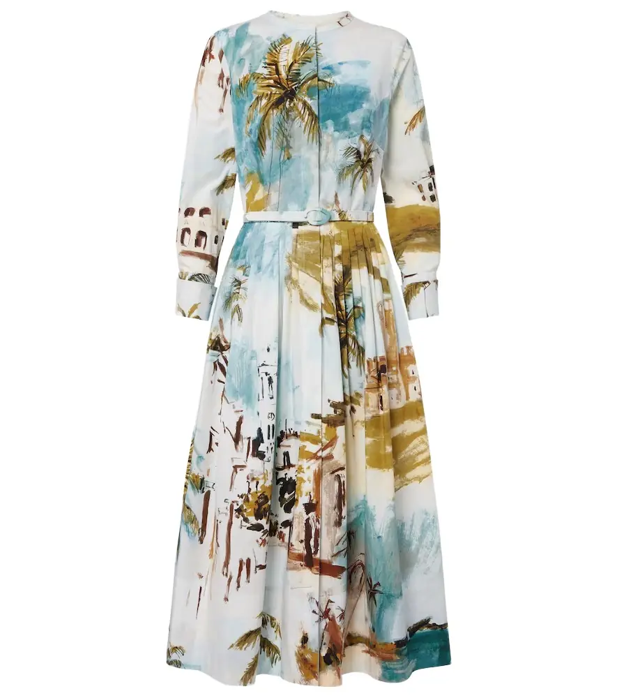 Oscar de la Renta Pleated printed cotton-blend cocktail dress
