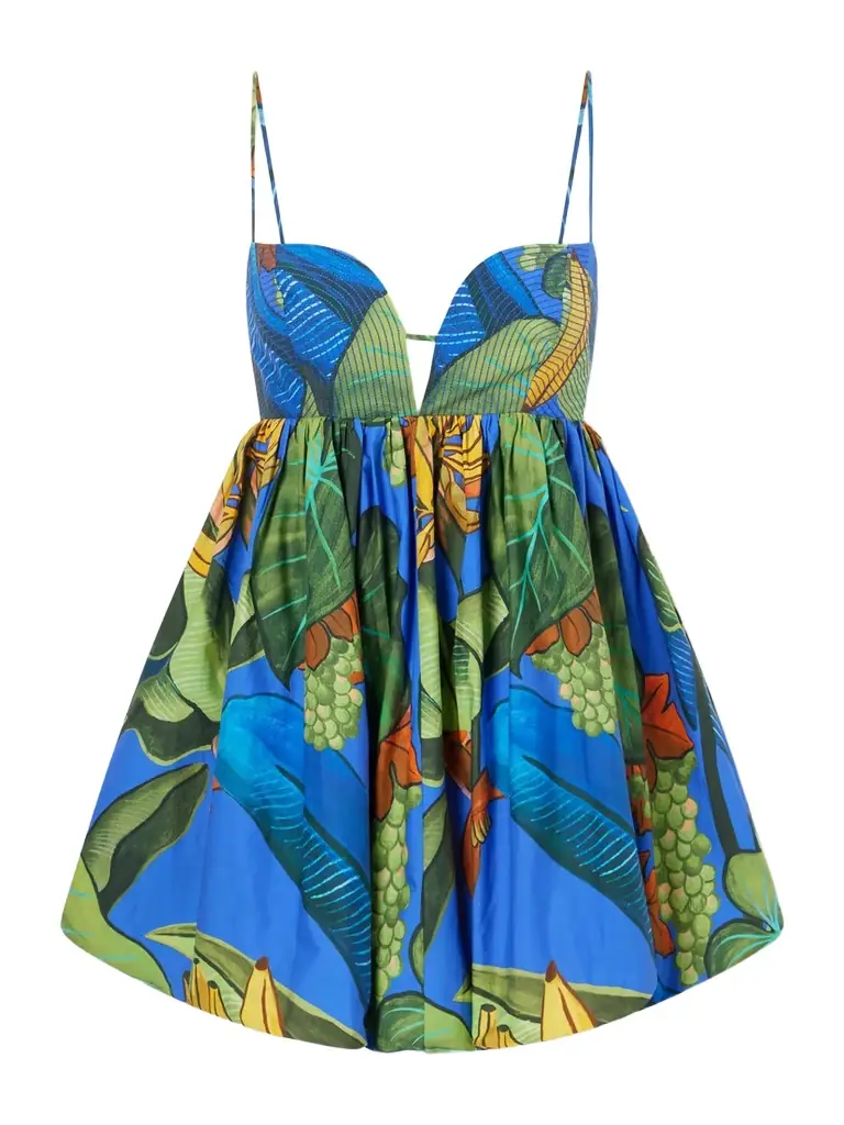 Farm Rio Banana Grapes Printed Linen-blend Mini Dress