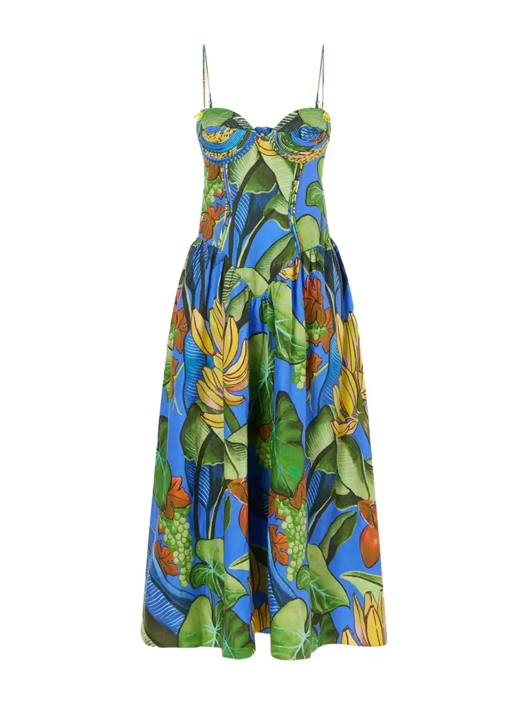 Farm Rio Banana Grapes Printed Linen-blend Midi Dress
