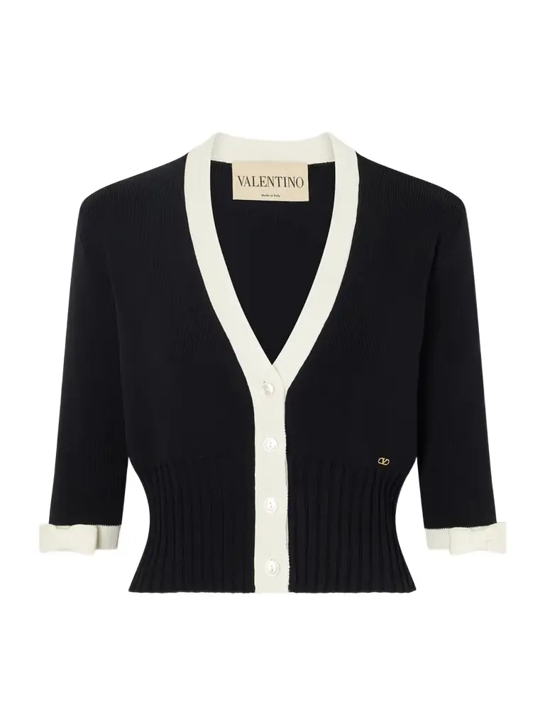 Valentino Garavani Cropped Bow-embellished Two-tone Ribbed-knit Cotton Cardigan
