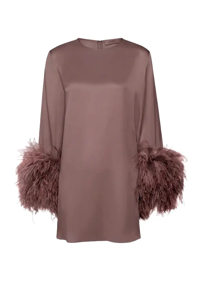 LAPOINTE Satin Shift Dress With Feathers
