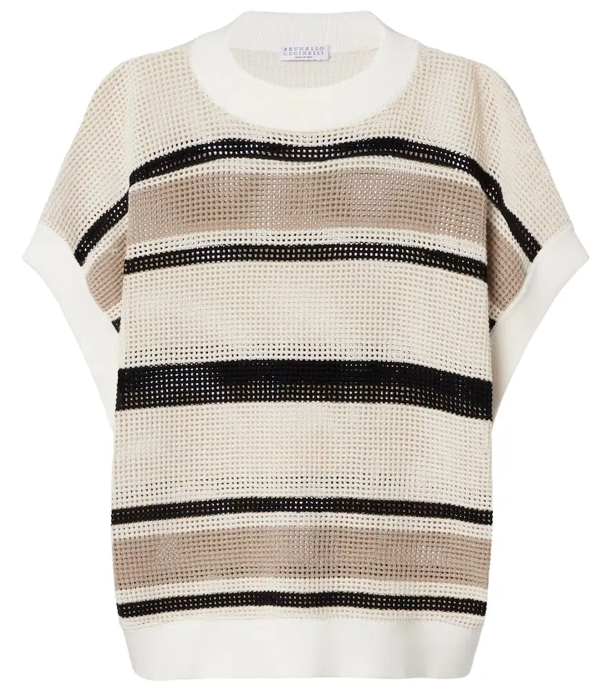 Brunello Cucinelli Open-knit striped cotton top