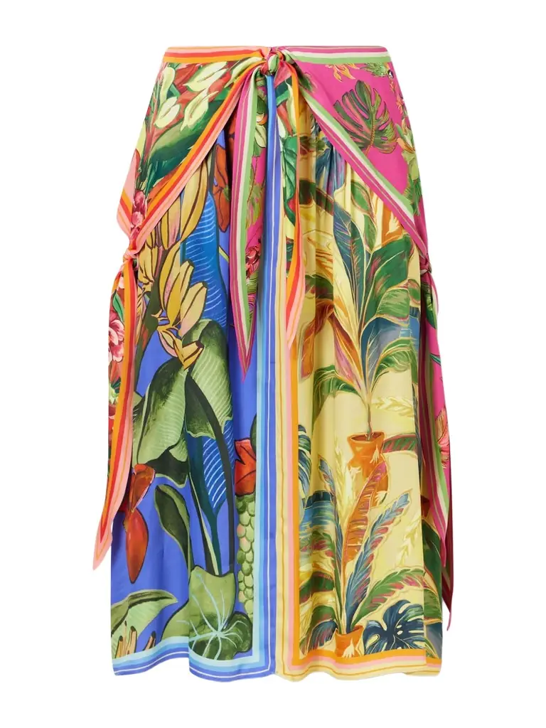 Farm Rio Rainbow Summer Printed Satin Midi Skirt
