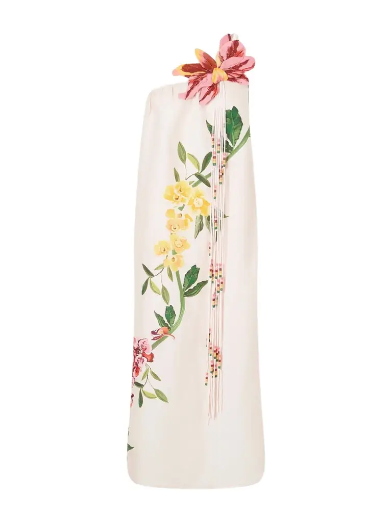 Farm Rio Garden Terrace Floral-print Bead-embellished Linen Maxi Dress