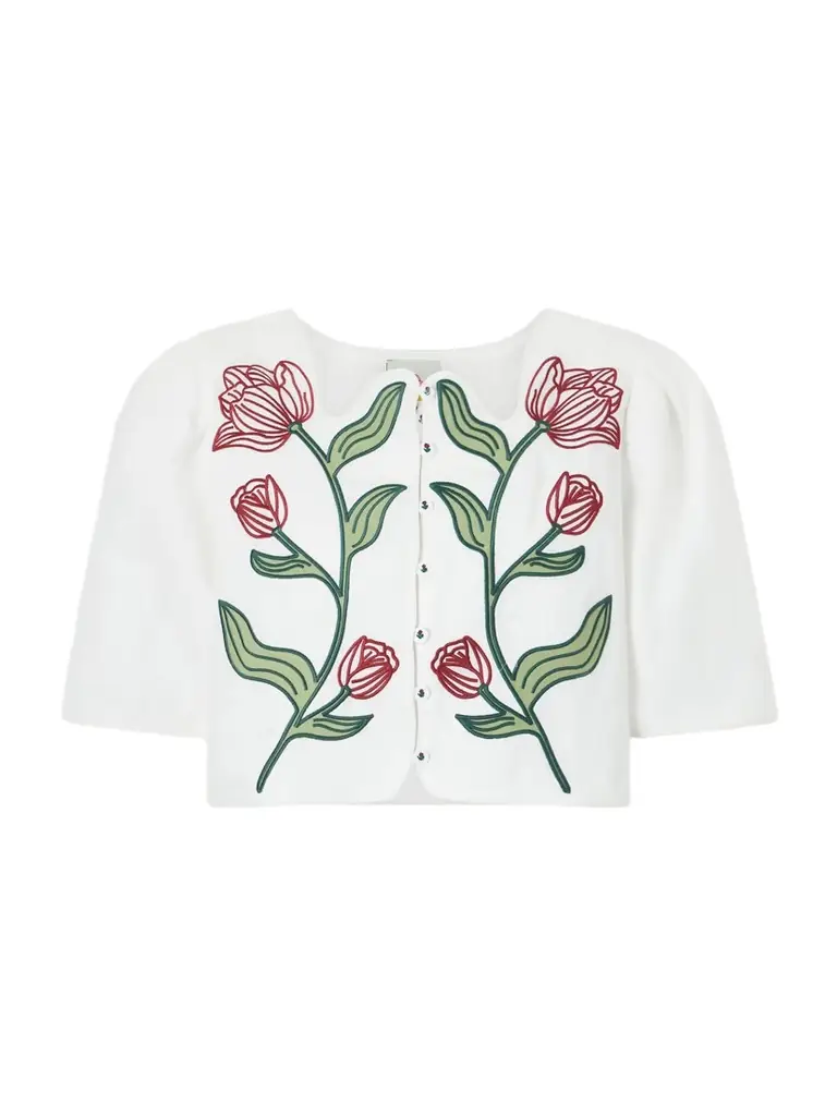 Farm Rio Floral-embroidered Cropped Linen Top