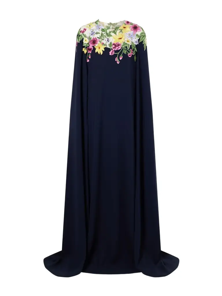 Oscar de la Renta Cape-effect Floral-embroidered Silk-blend Georgette Gown