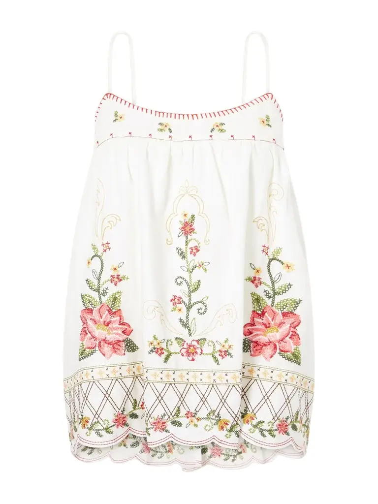 Farm Rio Floral-embroidered Linen-blend Cami