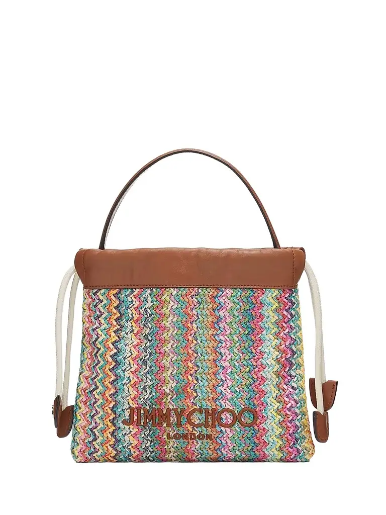Jimmy Choo Women's Logo Chevron Raffia Drawstring Pouch - Multi Tan Light Gold
