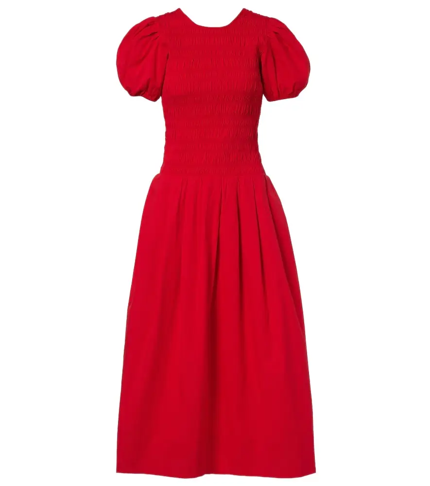 Ganni Shirred cotton-blend poplin midi dress