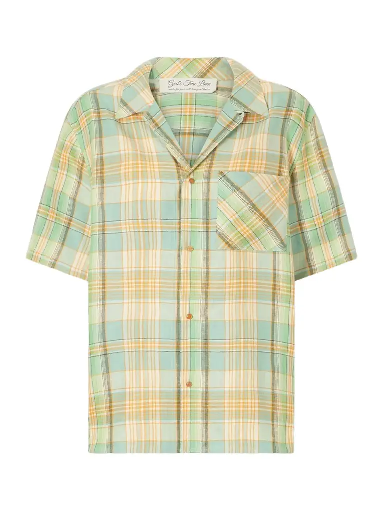 God’s True Cashmere Lime Moss Checked Linen Shirt