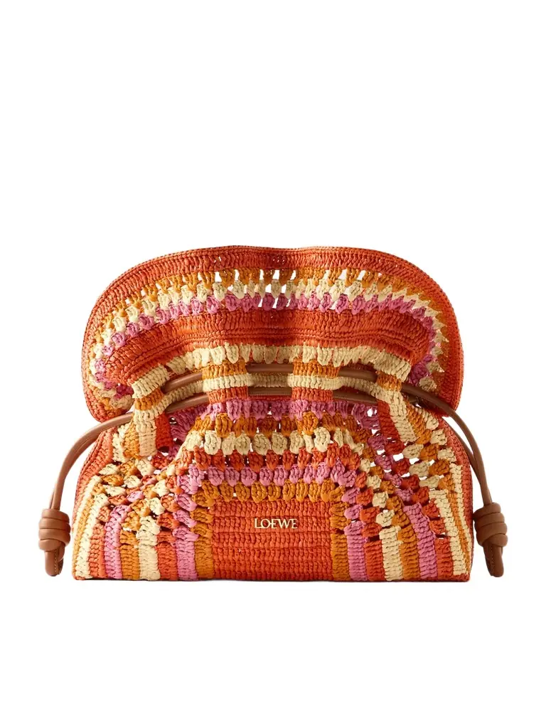 Loewe + Paula's Ibiza Flamenco Mini Leather-trimmed Crocheted Raffia Clutch