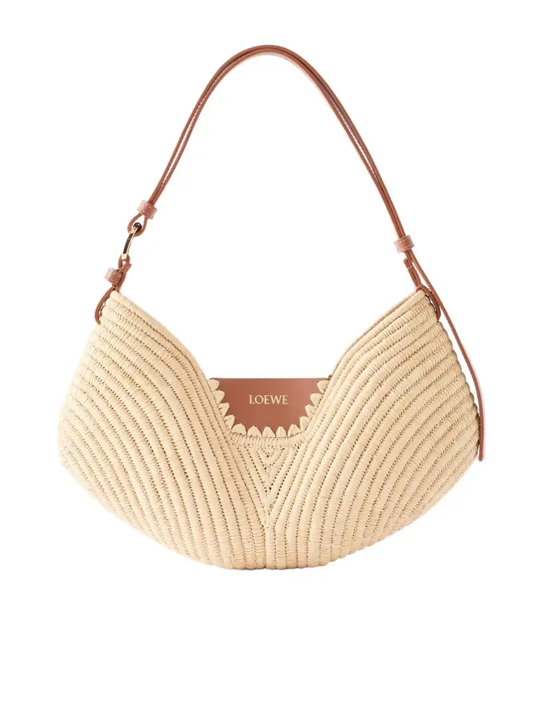 + Paula's Ibiza Swing Medium Leather-trimmed Raffia Shoulder Bag