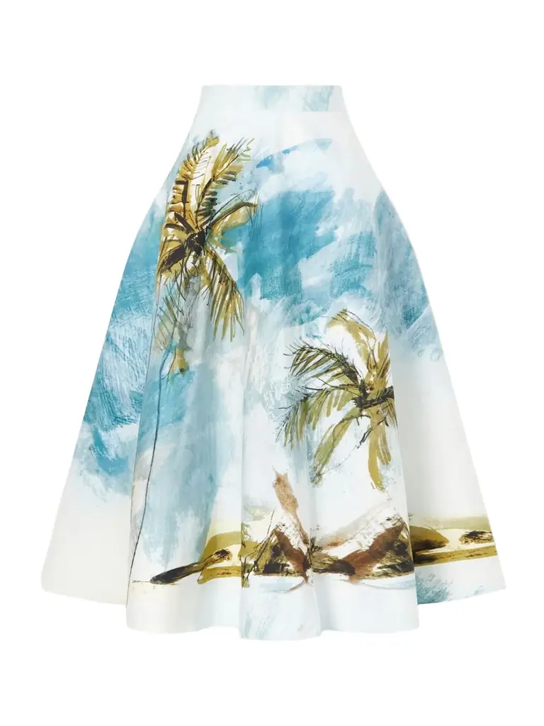 Oscar de la Renta All Over Beach Printed Cotton-blend Poplin Midi Skirt