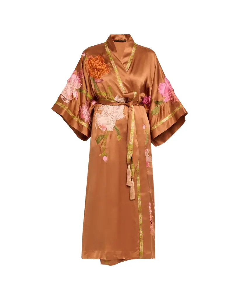 Josie Natori Couture Brushstroke Embroidered Silk Robe