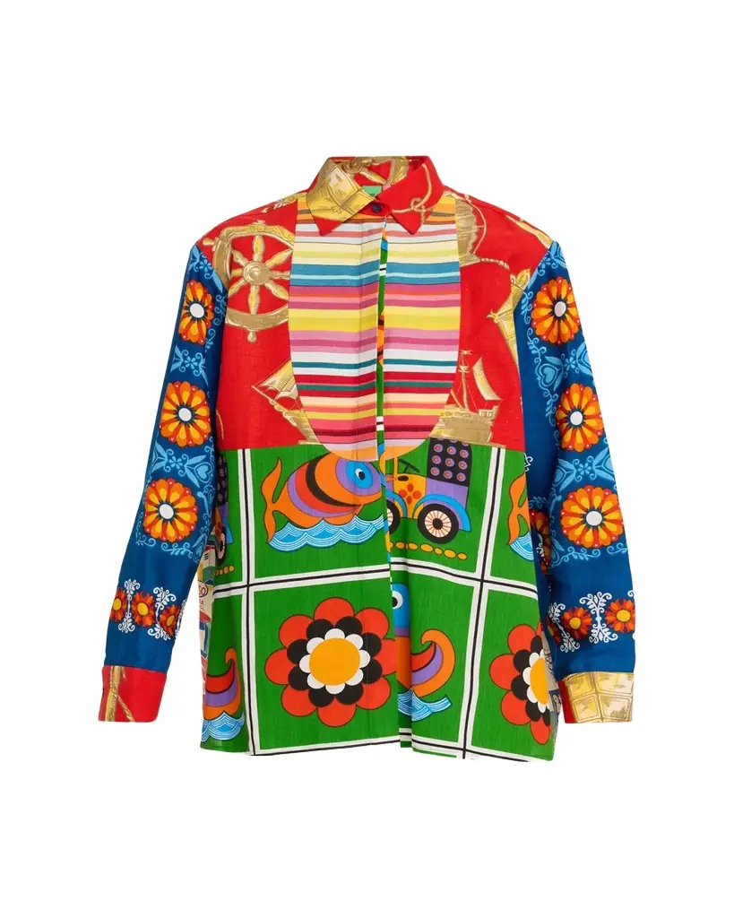 Rianna + Nina Mixed-Print Bib Button-Down Shirt