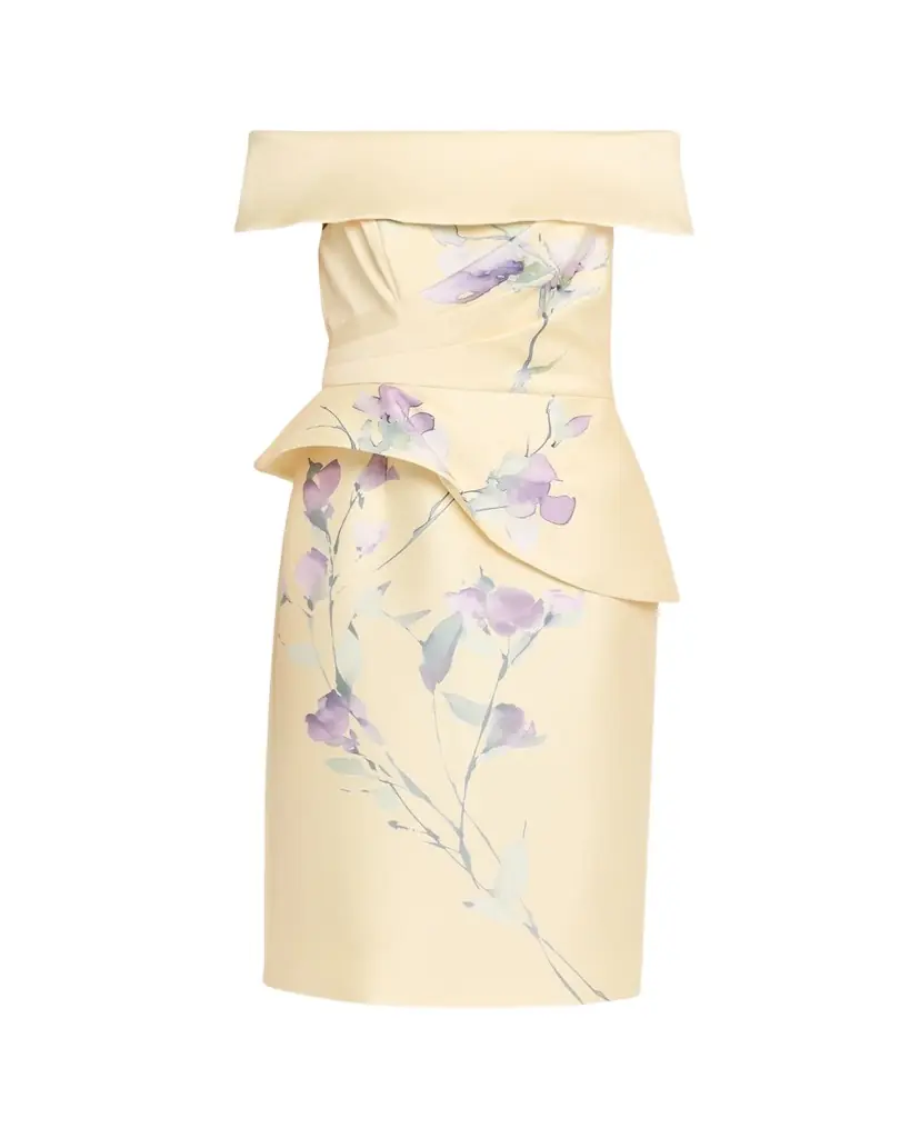 Rickie Freeman for Teri Jon Off-Shoulder Peplum Mikado Midi Dress