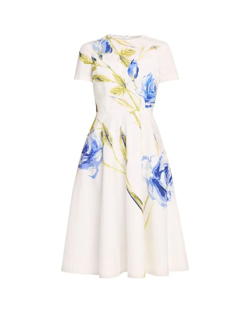 Rickie Freeman for Teri Jon Cotton Floral Print Short-Sleeve Midi Dress