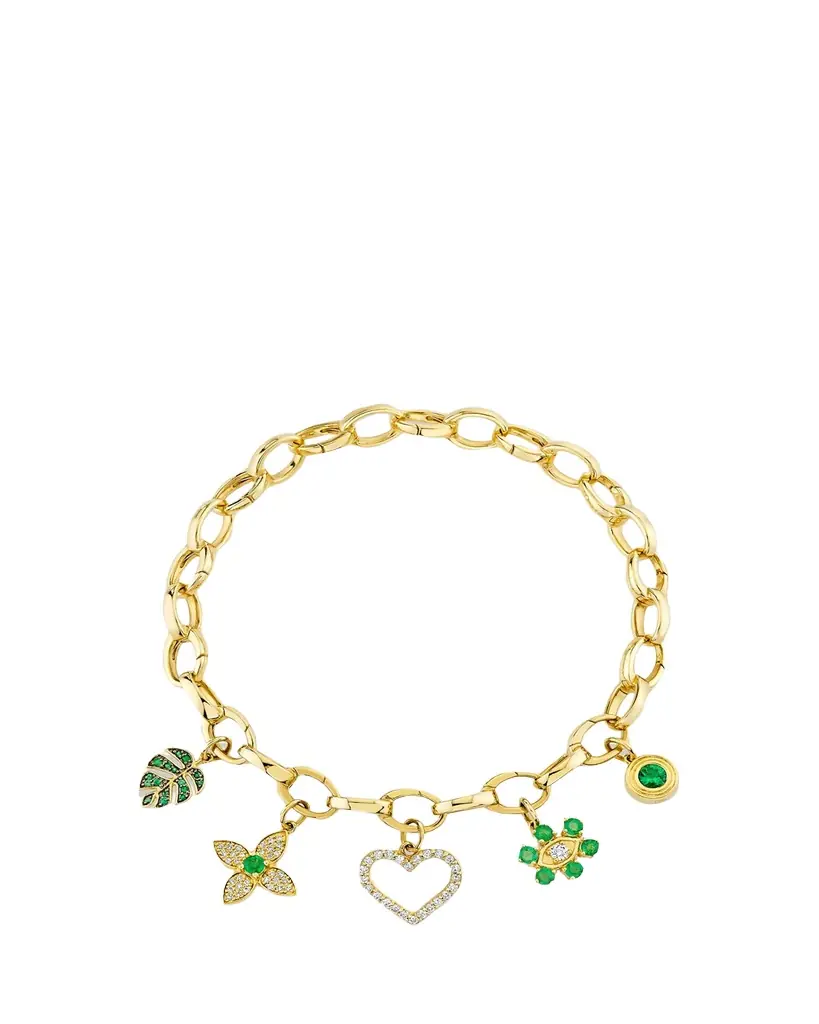 Sydney Evan 14K Diamond and Emerald Multi Charm Bracelet