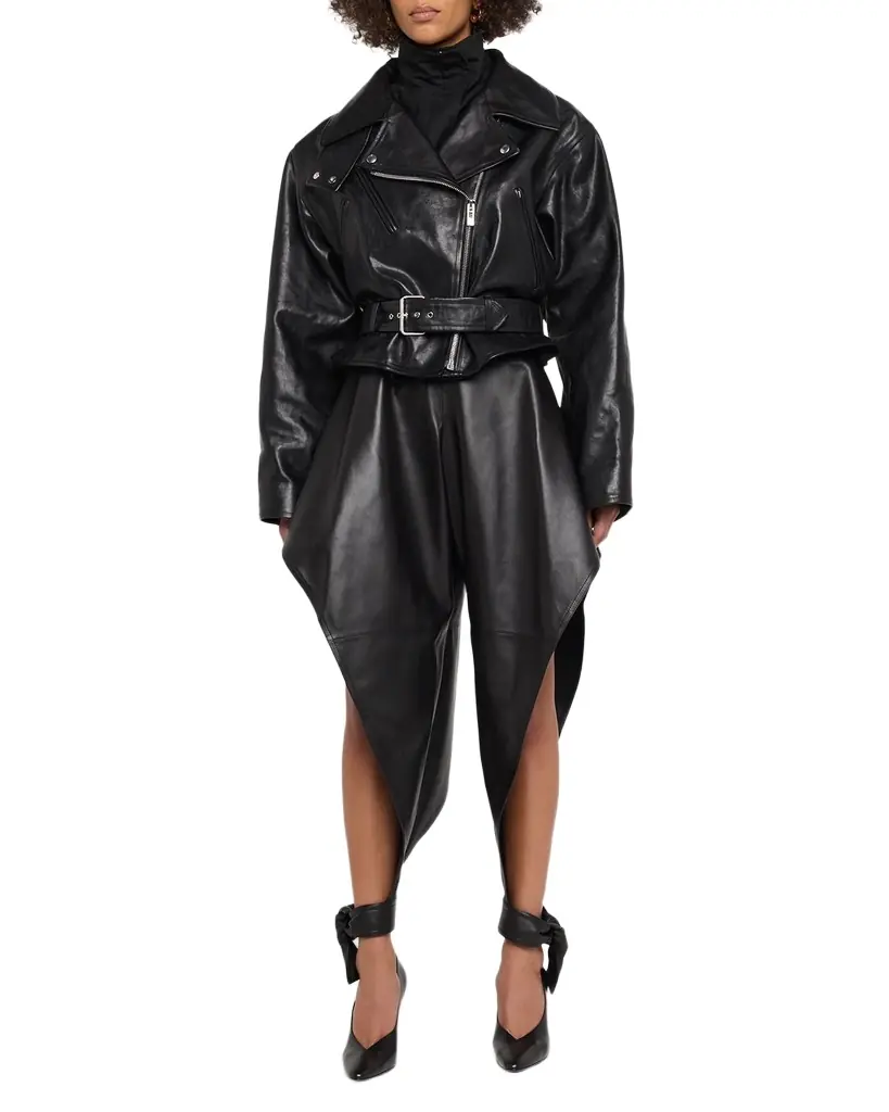 ALAIA Leather Pointed Ruffle Ankle-Tie Pants