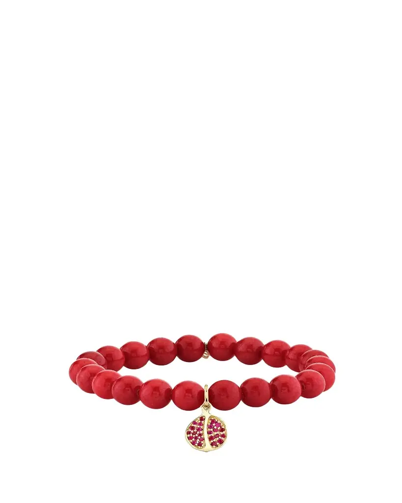 Sydney Evan 14K Ruby Pomegranate on Red Jade Beaded Stretch Bracelet