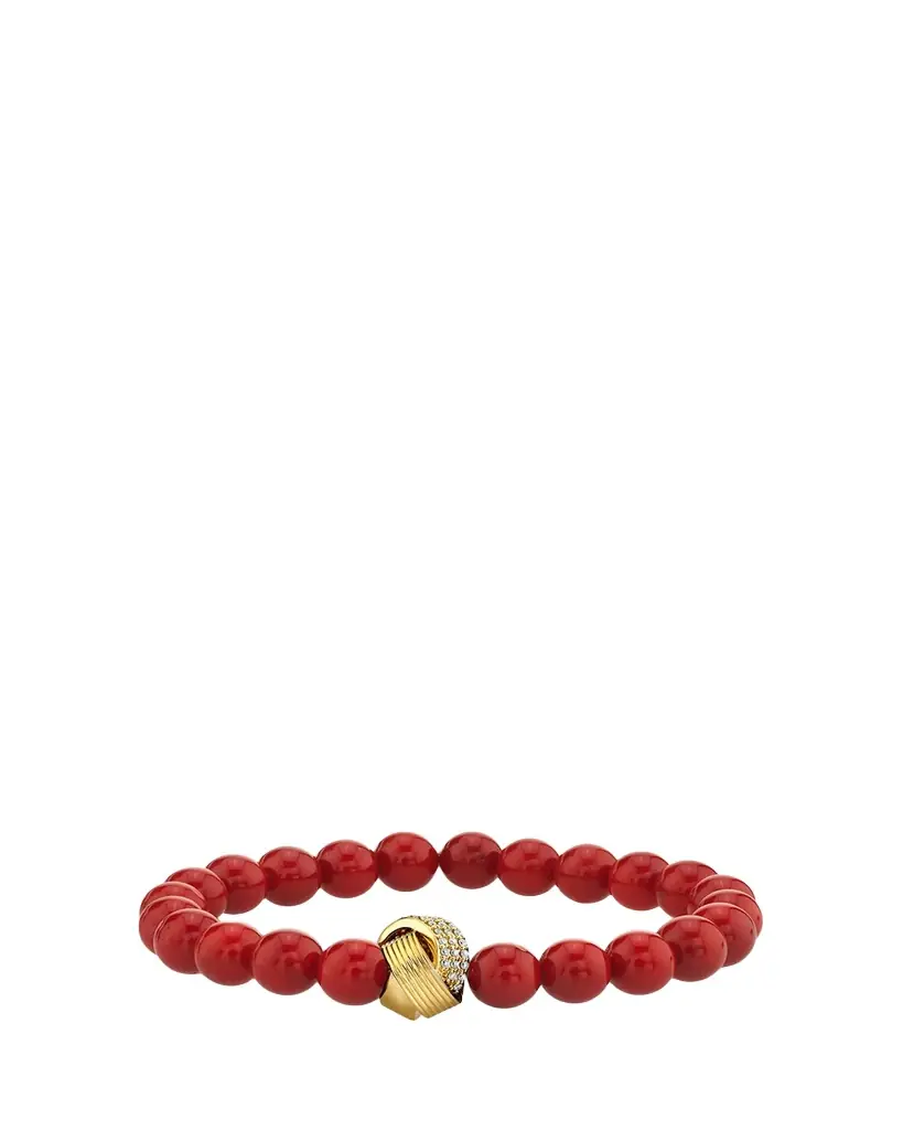 Sydney Evan 14K Diamond Tri-Linked Rondelle on Red Jade Stretch Bracelet
