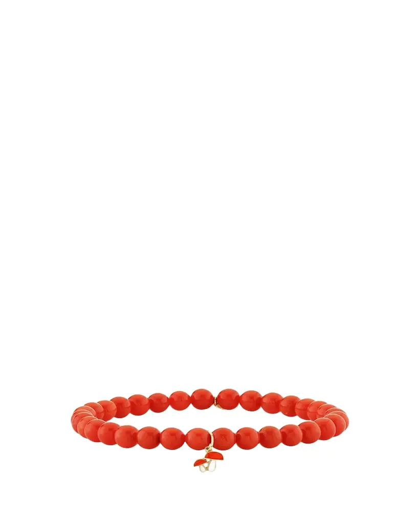 Sydney Evan 14K Mushroom Charm on Peach Coral Stretch Bracelet