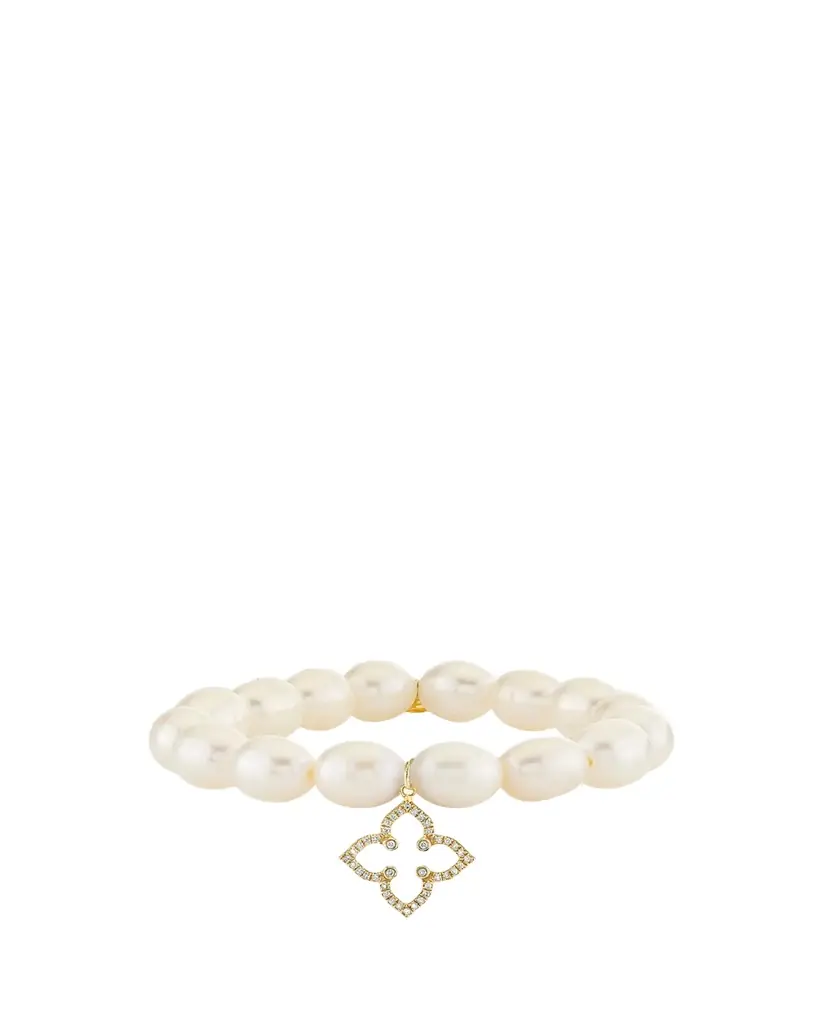 Sydney Evan 14K Diamond Moroccan Flower on Pearl Stretch Bracelet