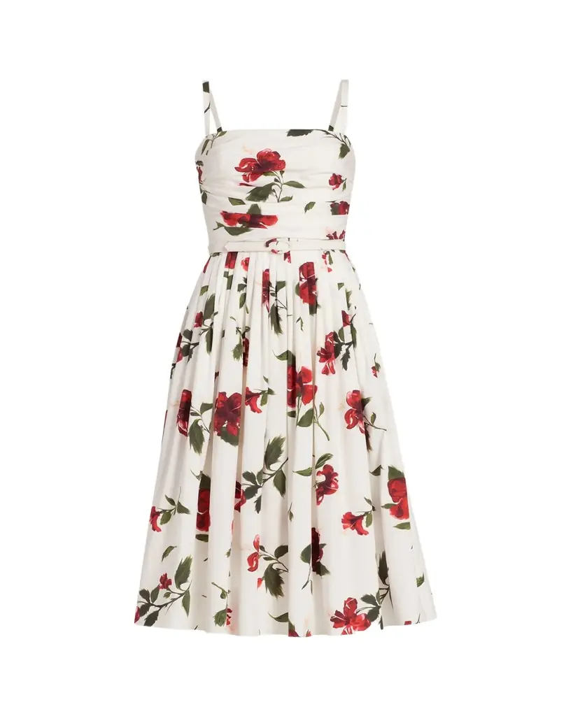 Oscar de la Renta Sleeveless Hibiscus Print Cotton Pleated Midi Dress