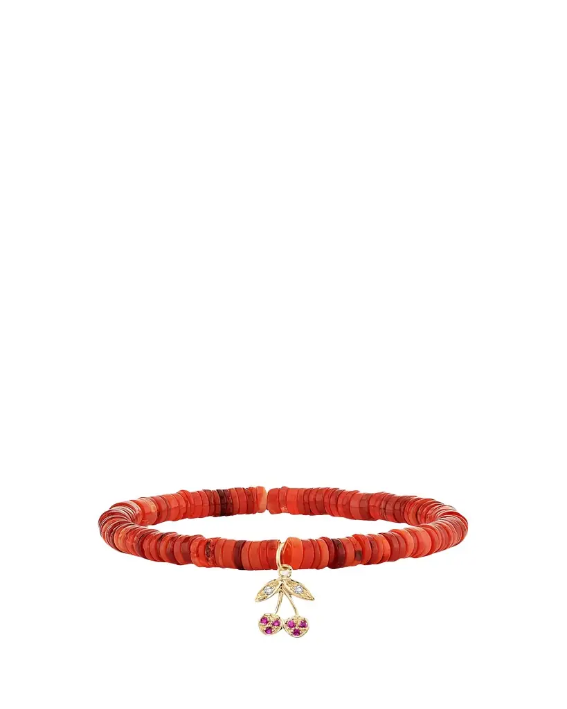 Sydney Evan 14K Diamond and Ruby Cherry on Red Opal Stretch Bracelet