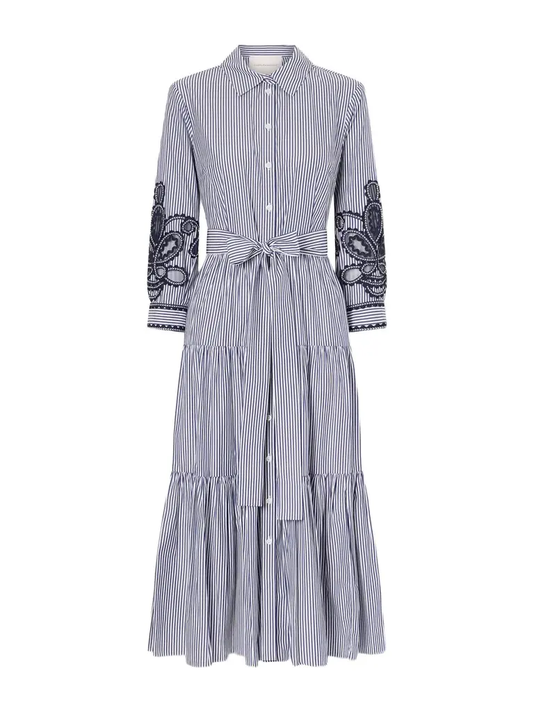 Carolina Herrera Belted Tiered Embroidered Striped Cotton-poplin Midi Dress