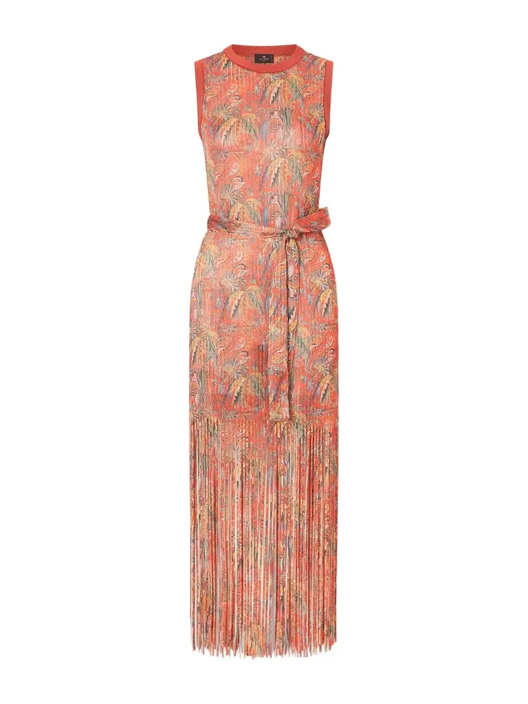 Etro Belted Fringed Jacquard-knit Midi Dress