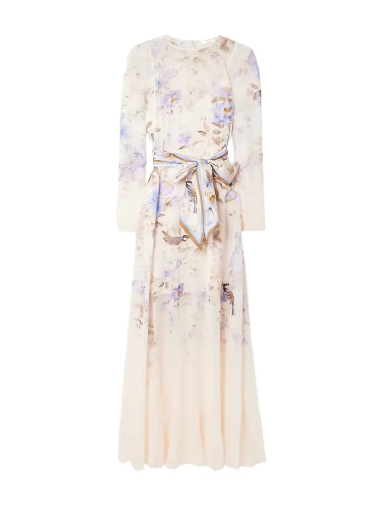 Zimmermann Luna Belted Printed Silk Satin-trimmed Chiffon Maxi Dress