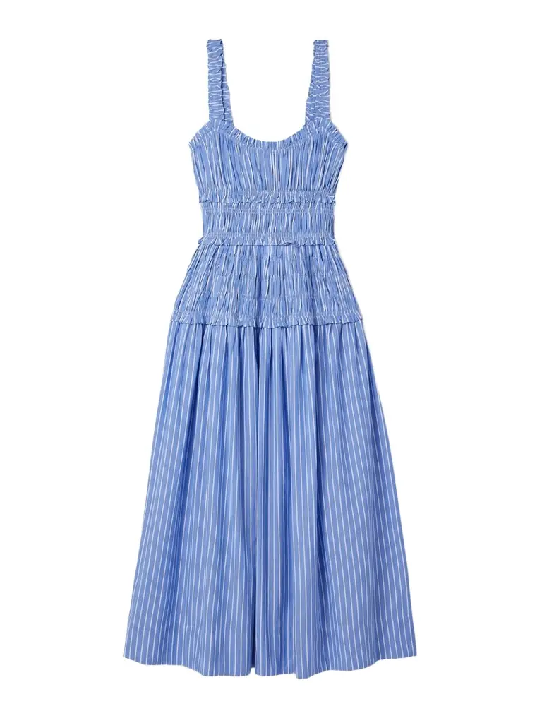 DÔEN Marianne Shirred Striped Cotton-poplin Midi Dress