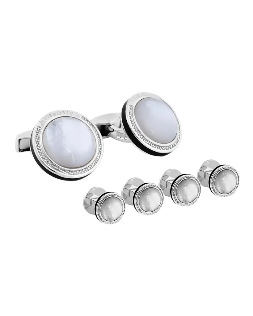 Tateossian Mother-of-Pearl Sterling Silver Cuff Links Stud Set