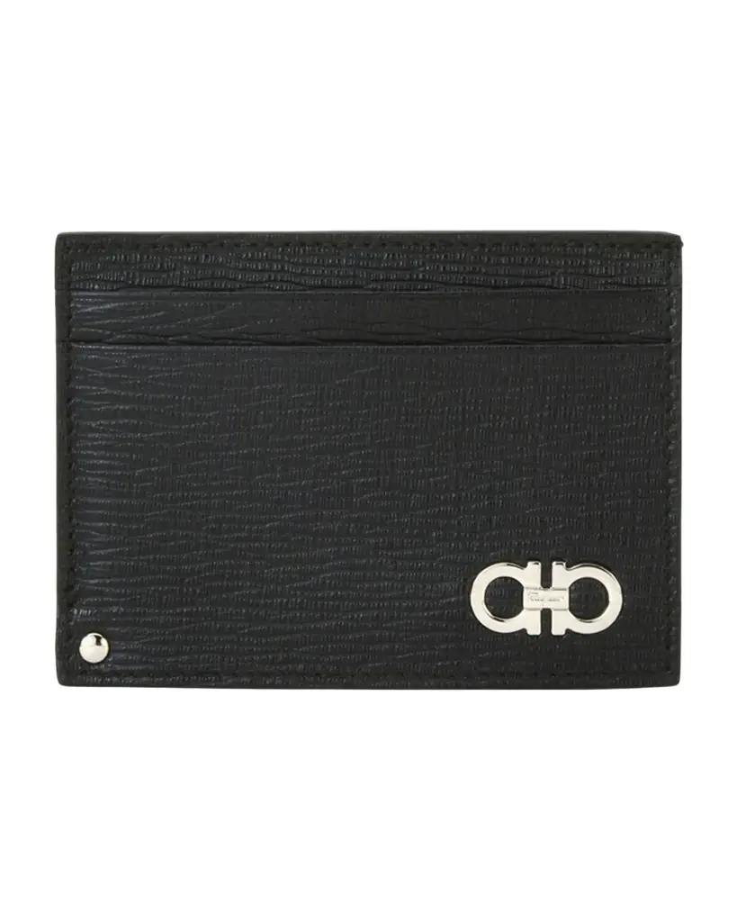Ferragamo Men 's Revival Gancini Leather Card Case with Flip-Out ID Window, Black/Red