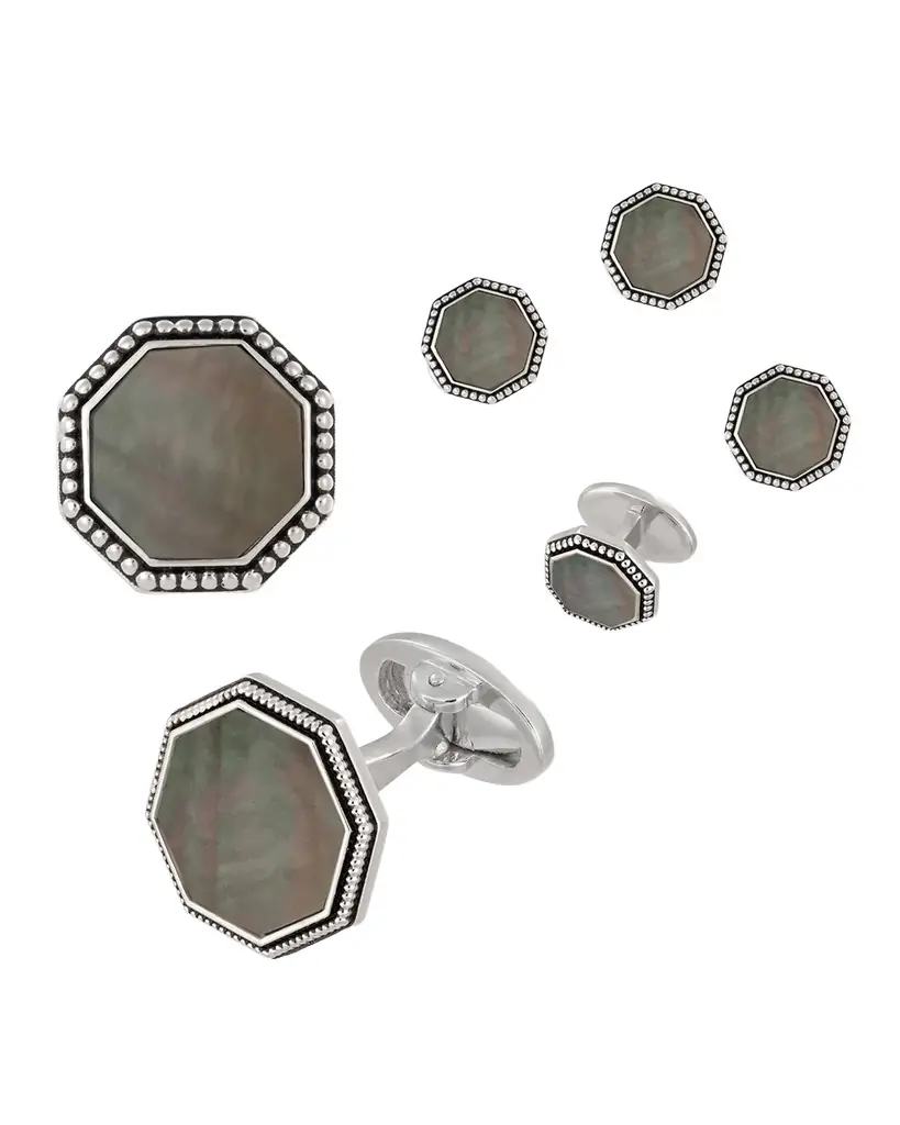 Jan Leslie Beaded Octagonal Mother-of-Pearl Cuff Links Studs Set