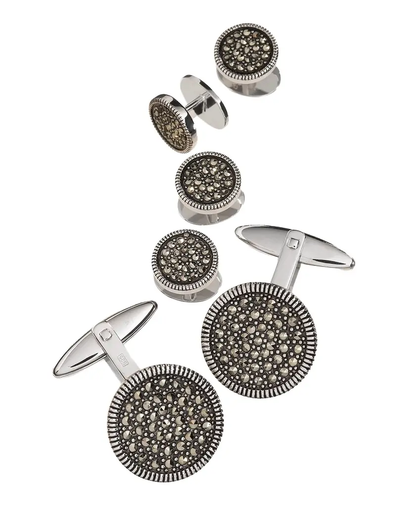 Jan Leslie Round Marcasite Cuff Link and Stud Set