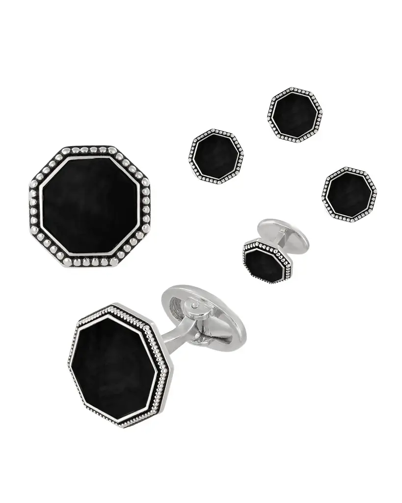 Jan Leslie Beaded Octagonal Onyx Cufflinks Studs Set
