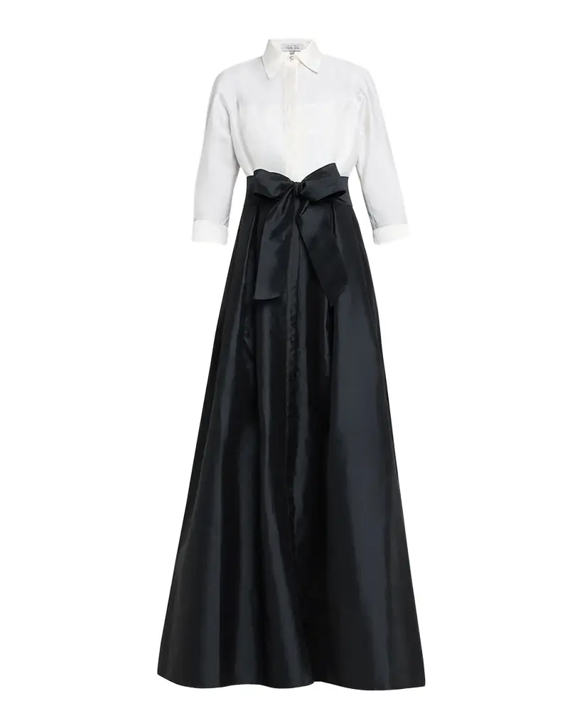 Rickie Freeman for Teri Jon Two-Tone 3/4-Sleeve Taffeta Shirtdress Gown