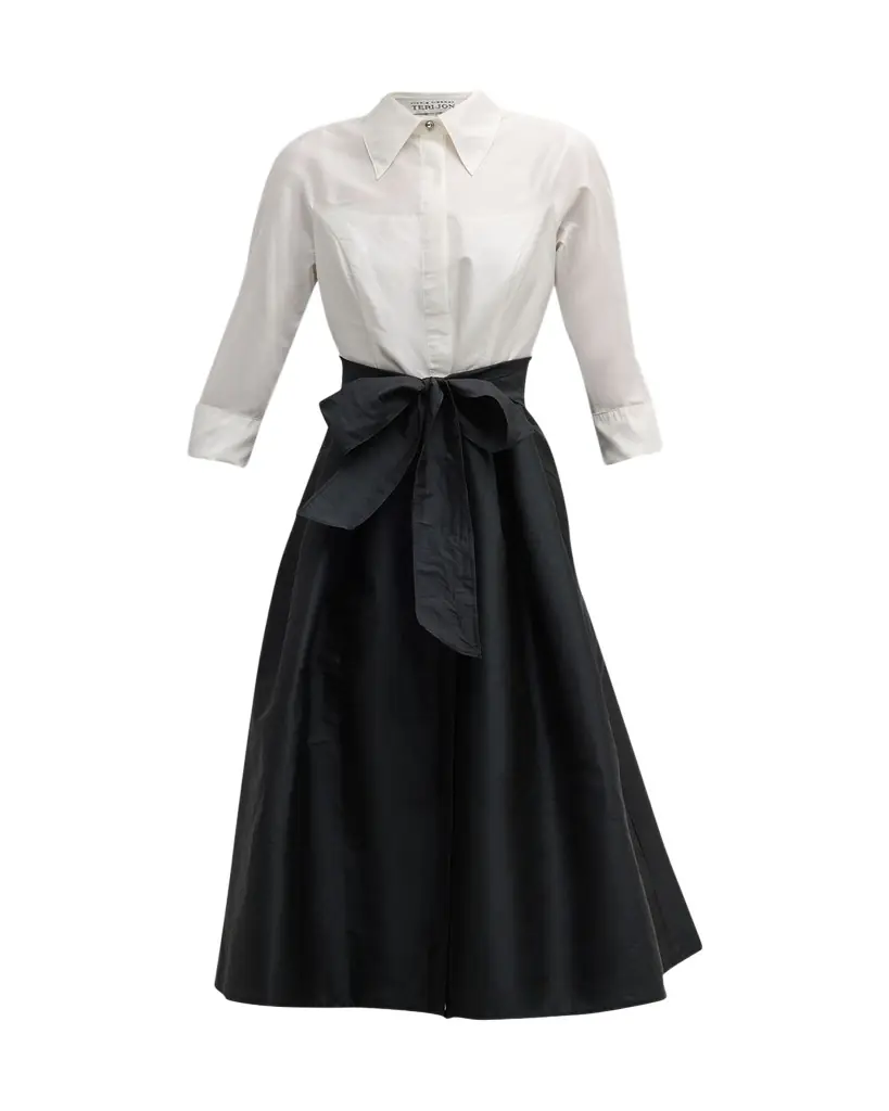 Rickie Freeman for Teri Jon Two-Tone 3/4-Sleeve Taffeta Shirtdress
